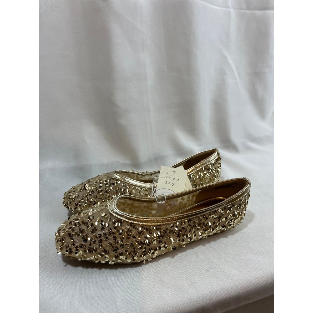 A New Day Women Gold Sequin Mesh Ballet Flats Memory Foam Slip On Shoes 6.5